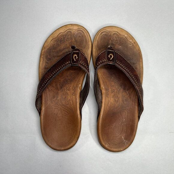 OluKia Men's Size 9 Hiapo Brown Leather Flip Flop Sandals - Picture 8 of 13